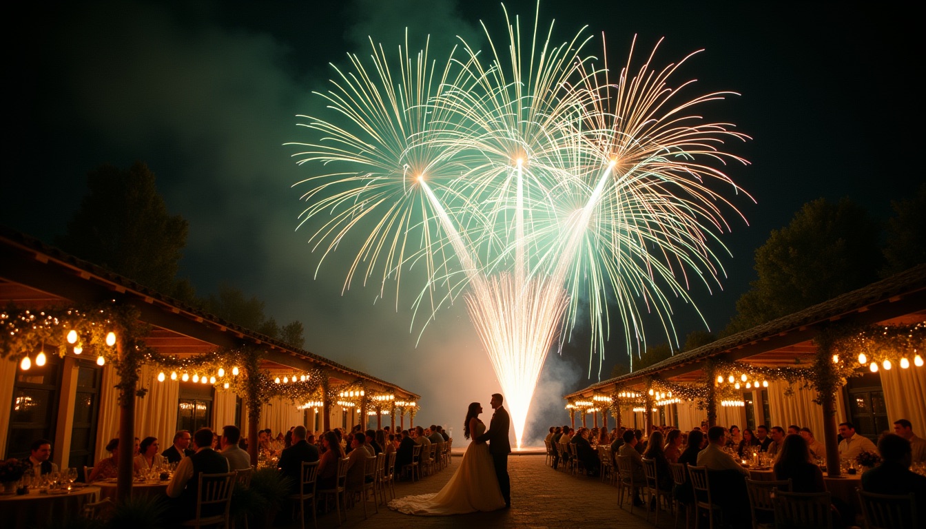 Fireworks finale over an outdoor wedding reception at night