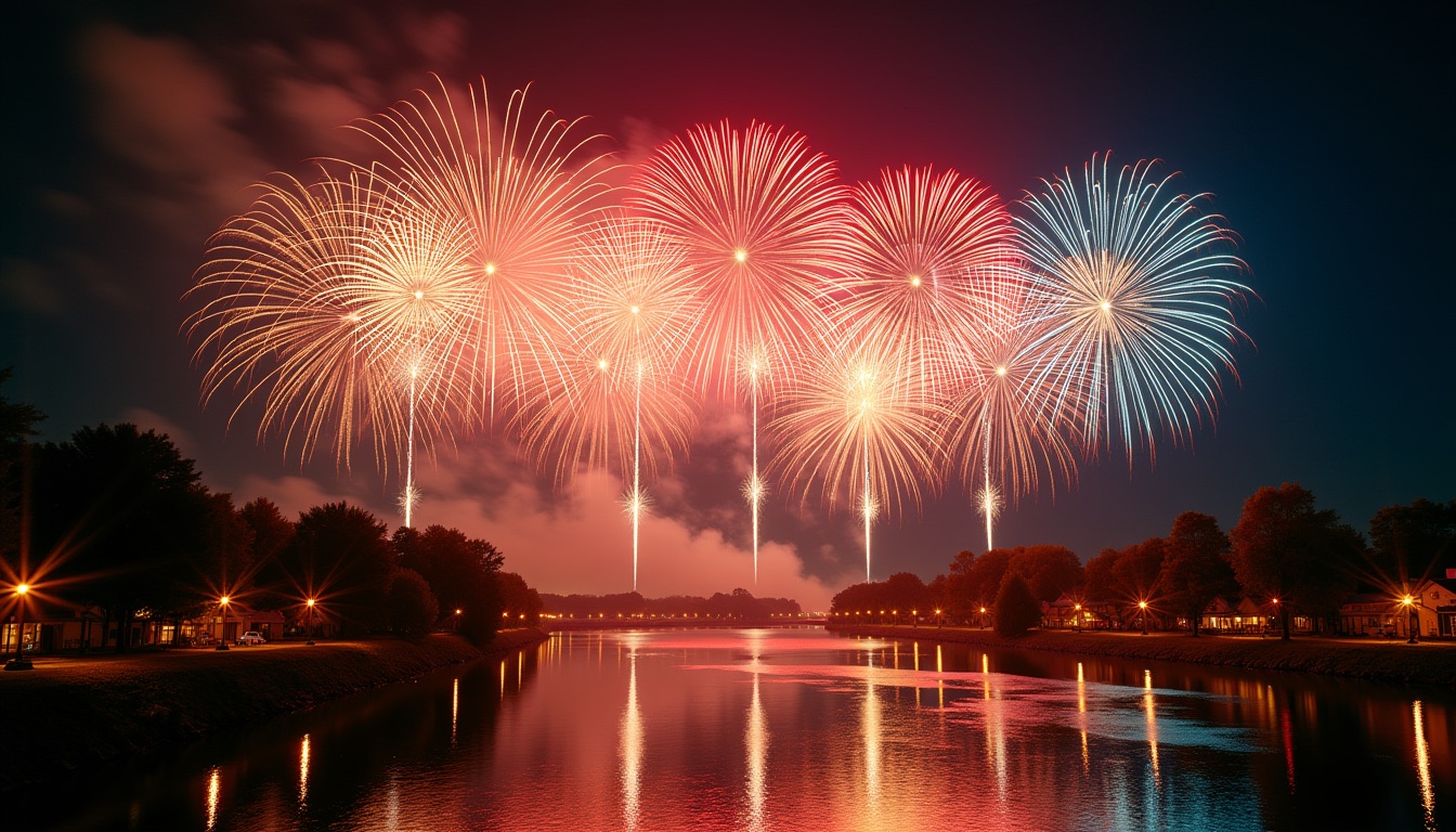 Fireworks over a river town at night